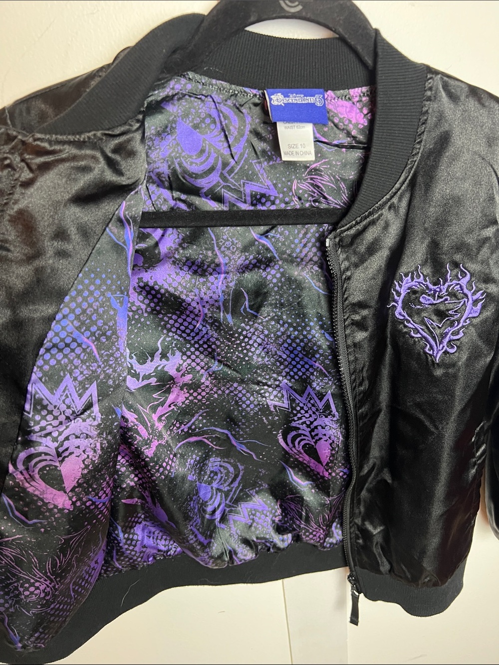 Disney Descendants Kids Black Satin Bomber Jacket with Purple Embroidered Heart
